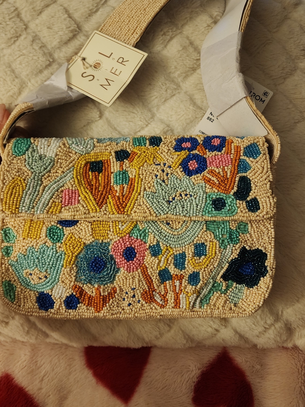 Beaded Floral Crossbody Bag in Cream and Multicolor